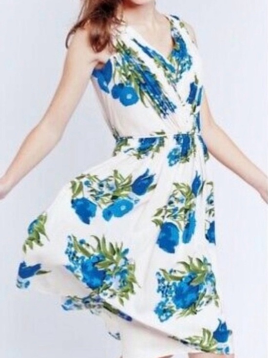 Boden Dresses & Skirts - Boden White Midi Dress with Blue Floral and Green Leaf Print